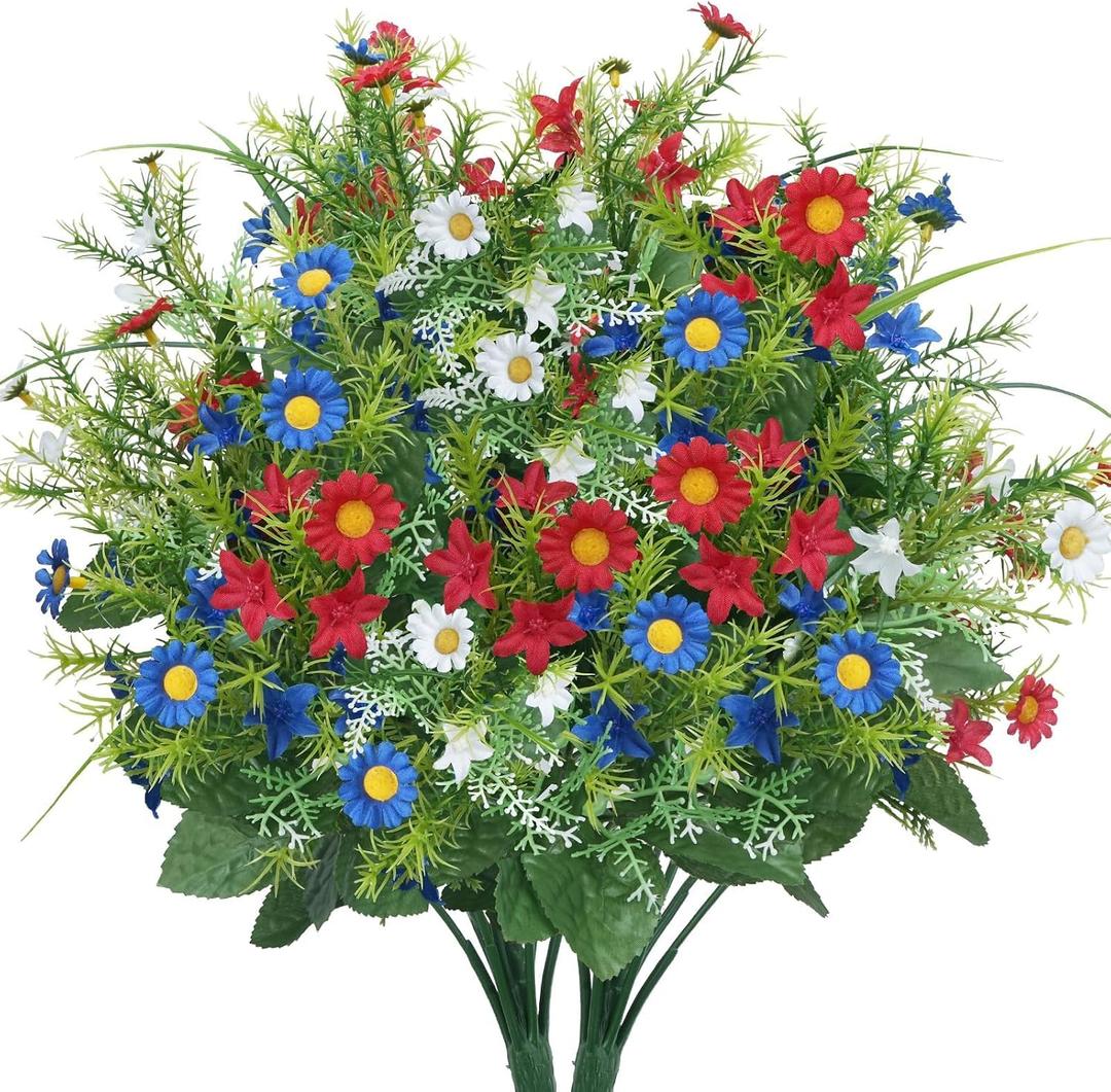 Patriotic Artificial Flowers Memorial Day Flowers 13 Stems Red White Blue 4th of July Flowers Picks Artificial Daisies Bouquet Arrangement for Grave Independence Day Veterans Home Decor Indoor 2 Pcs