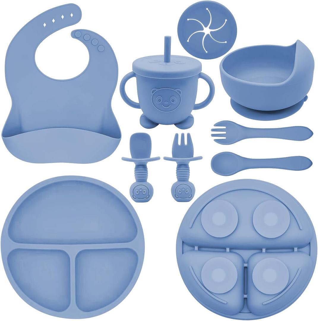 Silicone Baby Feeding Set | Baby Led Weaning Supplies Includes Suction Bowls and Divided Plates, Adjustable Bib, Baby Utensils Spoons and Forks,Cup | Baby Feeding Essentials (Deep Blue)