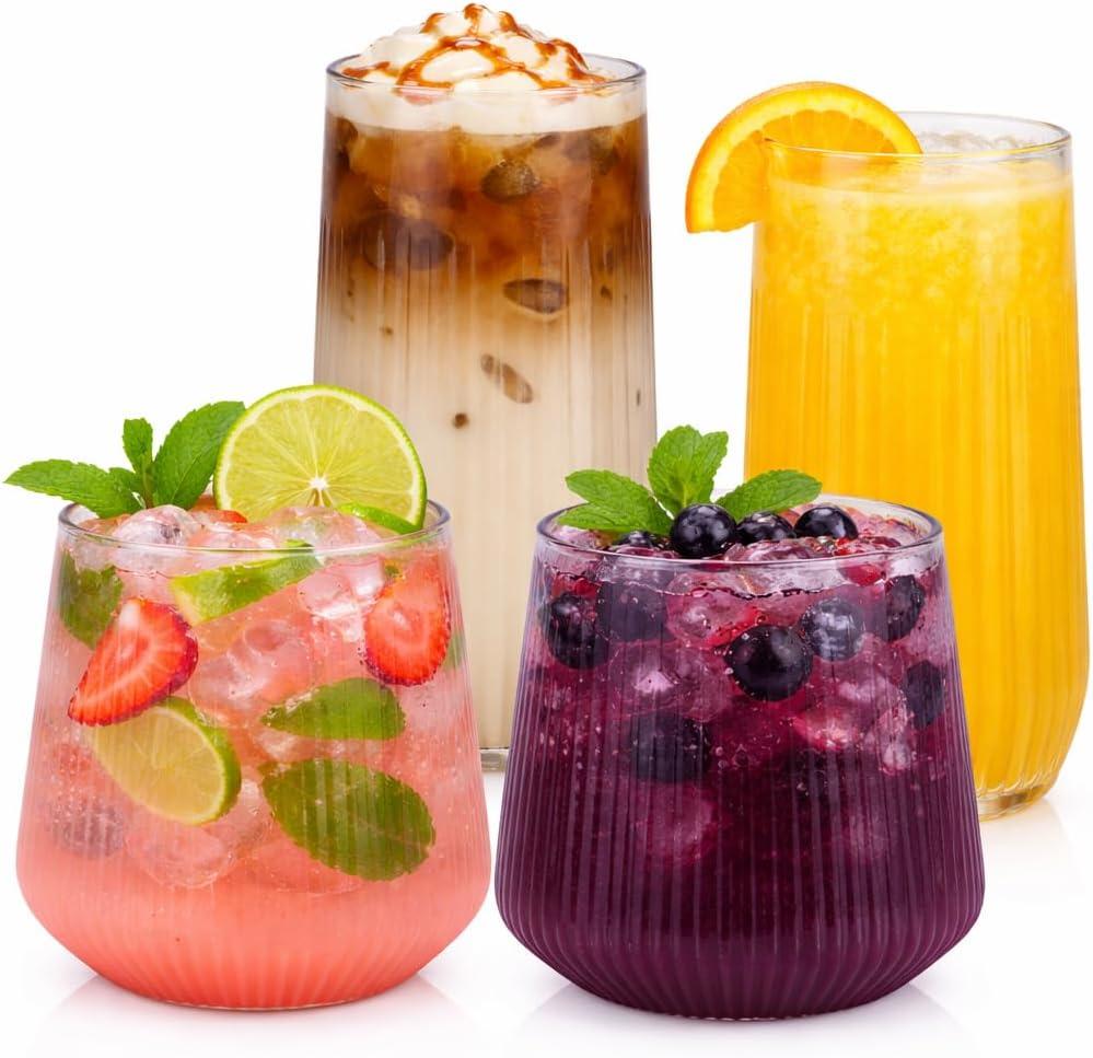 Oojami 48 Pack Ribbed Origami Ripple Plastic Glasses, 24 Stemless 9oz Champagne Flutes & 24 12oz Cups - Reusable BPA-Free Shatterproof Disposable Drinkware for Wedding Party Bar (Clear)