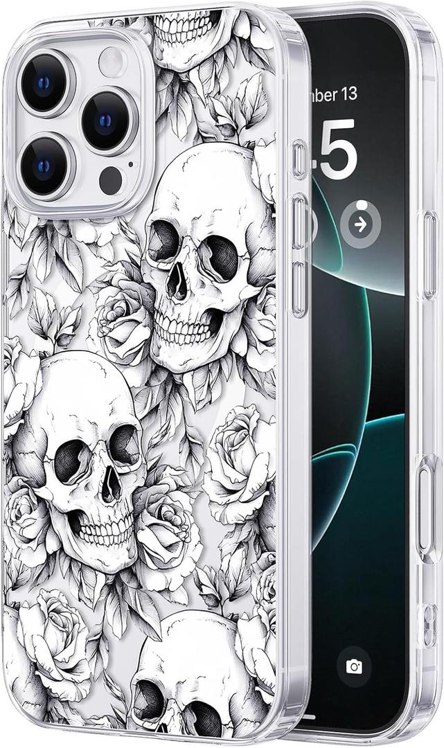 Skull Phone Case for iPhone 16 Pro Max Compatible with MagSafe, Clear Skeleton for Halloween Gothic Witchy Grunge Cool Design, Heavy-Duty Protection for Women Girls Men, Black White Rose Skull