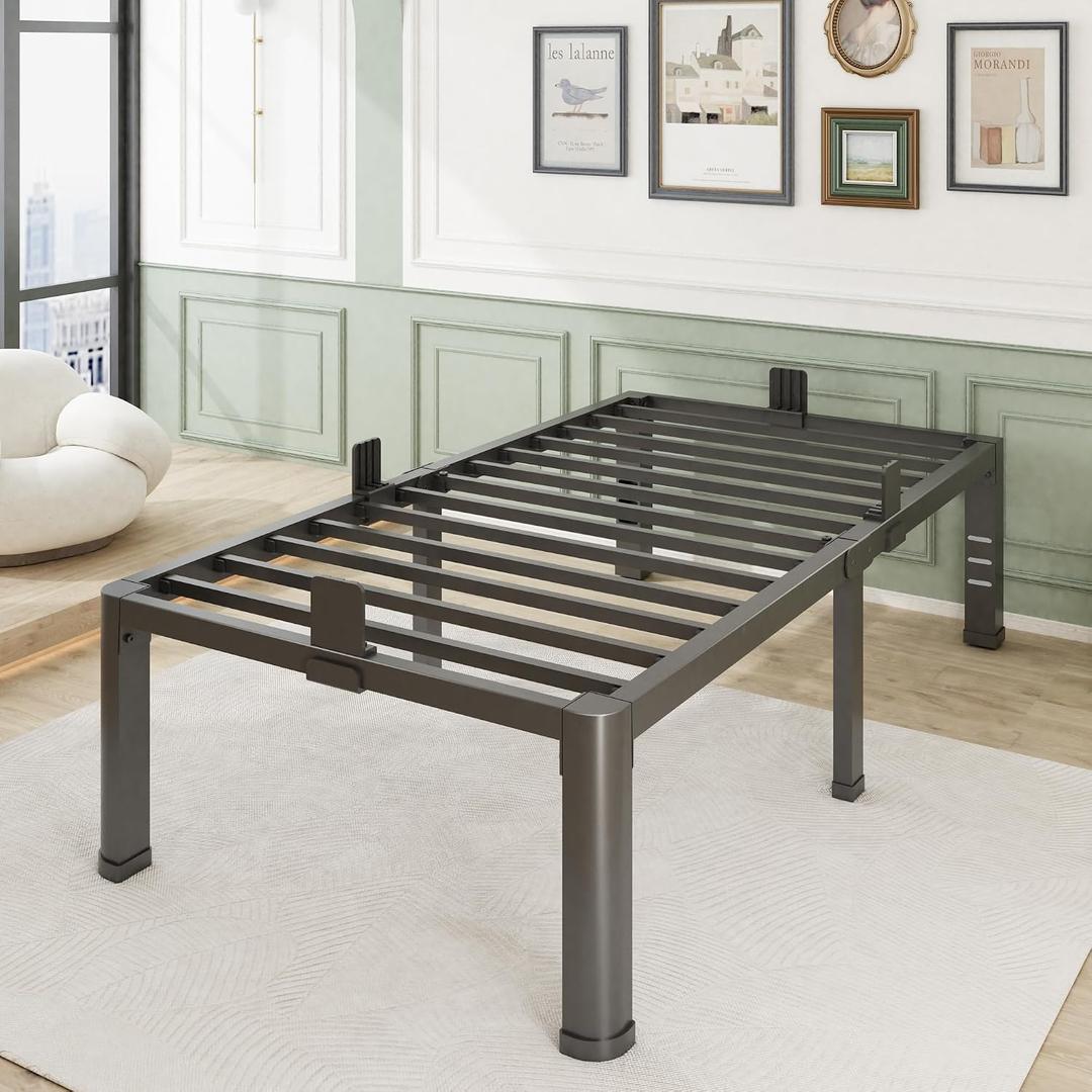18 Inch Twin Size Metal Bed Frame with Round Corner Legs,Headboard Holes,Heavy Duty Steel Slat Support Platform Twin Single Bed,Mattress Retainer,No Box Spring Needed,Easy Assembly,Squeak Resistant