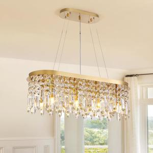 CROSSIO Modern Crystal Chandelier for Dining Room, Gold Oval Raindrop Chandelier Lighting Luxury Flush Mount Pendant Ceiling Light Fixture for Living Room Kitchen Island Bar 31.5 Inch