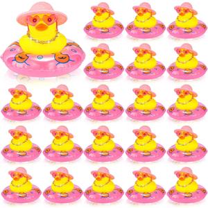 Sotiff 24 Sets Mini Rubber Ducks Bulk for Kids Children Cute Yellow Duck Toy Dashboard of Car Ornaments with Sunglasses Swim Ring Mini Hat Necklace Gift for Summer Birthday Party Favor (Sweet)
