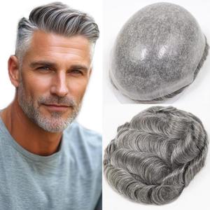 HAPPY&CC Toupee for Man Thin Skin PU Men's Hairpiece European Virgin Human Hair Replacement System Pieces Male Hair Prosthesis Unit for Men #3 Dark Brown with 60% Synthetic Gray 10x8inch