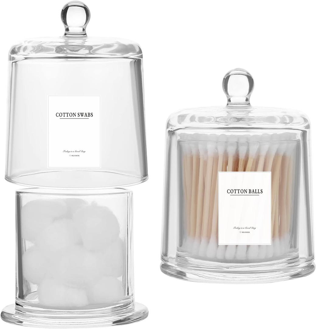 rejomiik 2 Pack Qtip Holder Thick Glass Apothecary Jars with Lid for Bathroom Accessories Vanity Organizers and Makeup Storage for Cotton Ball, Swabs, Makeup Sponges, Candy, Jewelry, Clear (White)