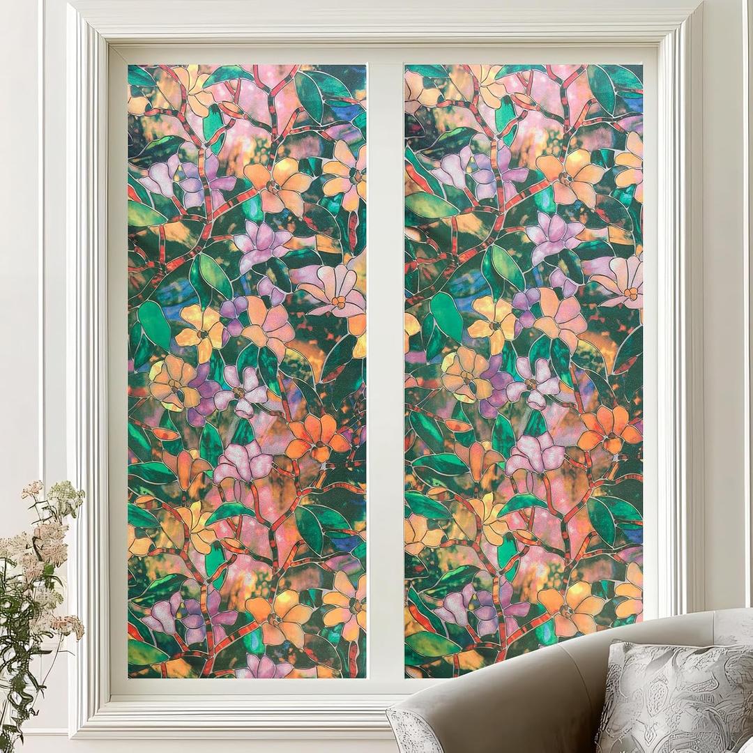 Amiya Stained Glass Window Film,Rainbow Window Privacy Film,Non-Adhesive Reusable Decorative for Home,Room,Door 23.6x78.7Inch,Floral, 23.6 X157.5 inches