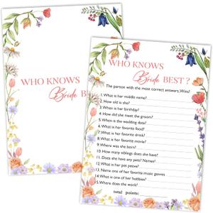4 x Bridal Shower Games, Wildflowers Wedding Games Card, Bridal Shower Bachelorette Engagement Party Ideas Supplies Decorations, Hilarious Who Knows The Bride Best Game Cards for Guest, 25 Pack -10