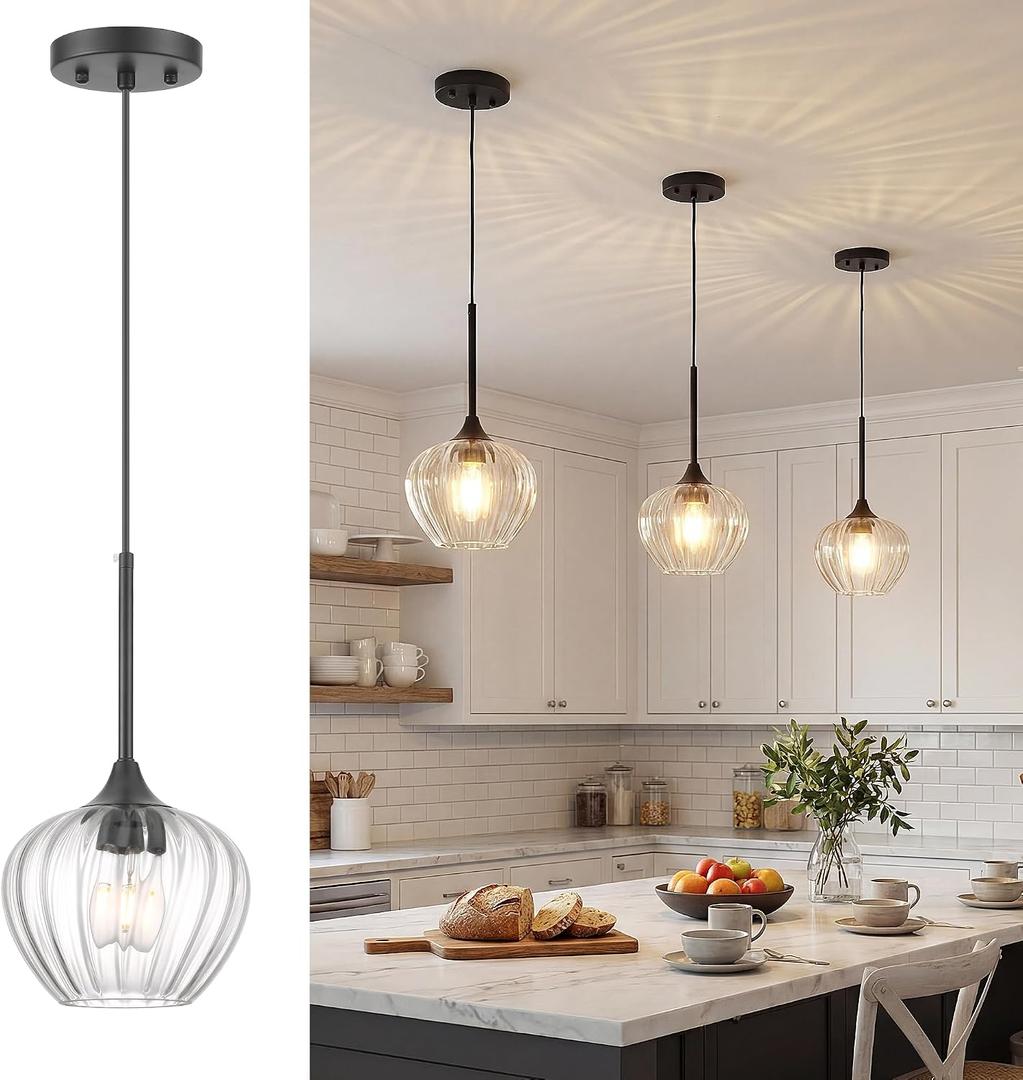 Glass Pendant Lights for Kitchen Island, 7.7" Modern Matte Black Pendant Light Fixtures Small Farmhouse Hanging Light for Kitchen, Dining Room, Sink, Bathroom