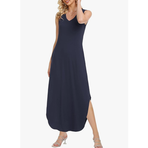 HUSKARY Women's Maxi Dresses V Neck Sleeveless Long Casual Dresses Loose Sundress with Pocket S