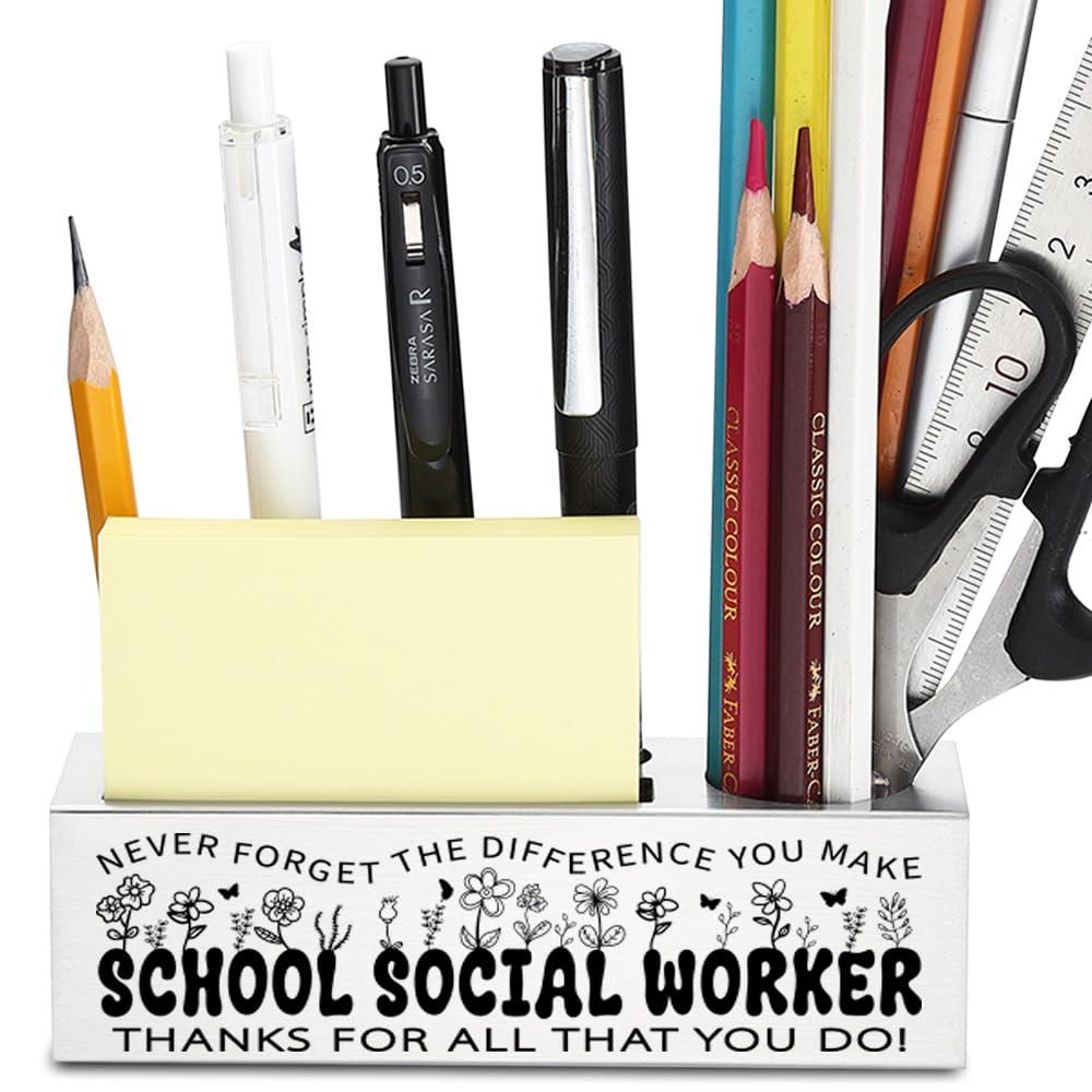 llxxeyopqdxz School Social Worker Appreciation Pencil Holder, Thank You Retirement Going Away Gift for Office Staff, Modern Stainless Steel Desk Supplies Organizer for Workspace Decor, 5.1 Inch YP421