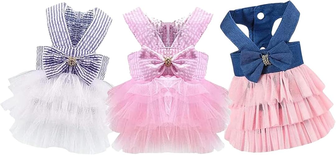 Dog Dresses, Fashion Pet Dog Clothes, Striped Mesh Puppy Dogs Princess Dresses (Pink/Blue/Denim(3pack), Small)