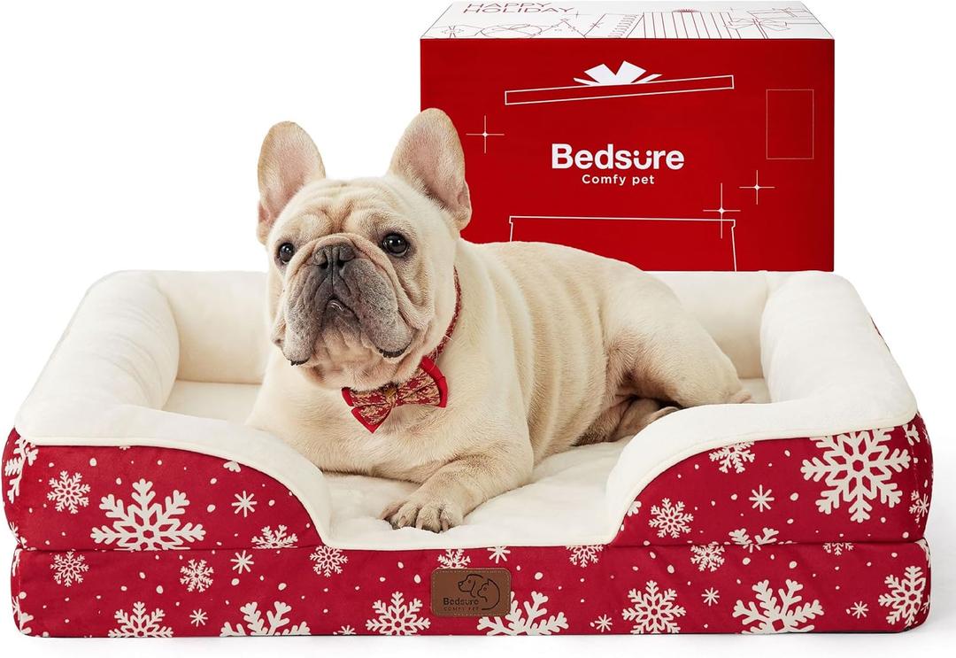 Bedsure Orthopedic Dog Bed for Medium Dogs - Waterproof Dog Sofa Beds Medium, Pet Couch Bed with Removable Washable Cover, Waterproof Lining and Nonskid Bottom, Red Blizzard (28.0"L x 23.0"W x 6.5"Th, Amber Noel-Red)