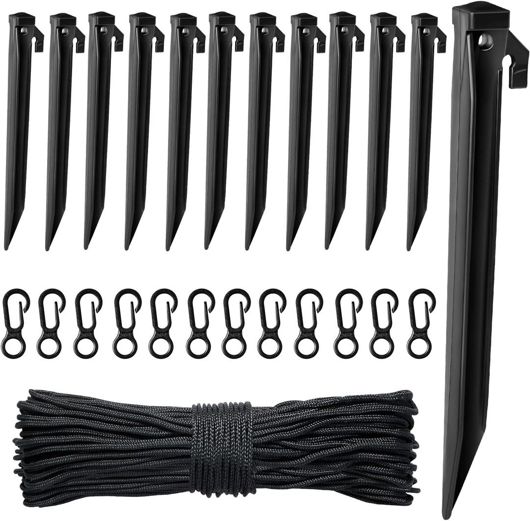 Plastic Inflatable Stakes Set, Include 12PCS Tent Stakes, 12Pcs of Hooks, and 65.5 FT Rope for Halloween Christmas Holiday Inflatables Garden Decorations (Black)
