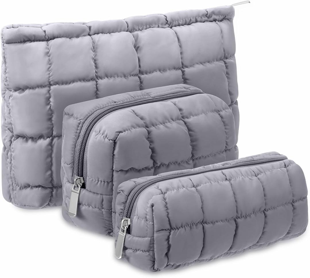 Huhumy 3 Pcs Puffy Makeup Bag Quilted Cosmetic Pouch for Women Cute Checkered Travel Toiletry Bag Puffer Makeup Organizer Purse Pouch Preppy Pencil Case with Zipper (Gray)