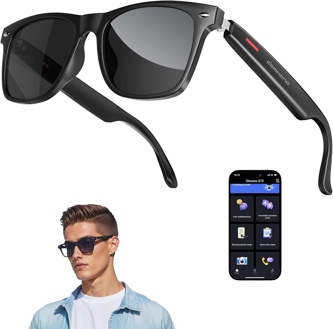 AI Smart Glasses for Men and Women, Bluetooth Translation Sunglasses with 164 Languages, Open Ear Audio with Mic & Speakers, Hands-Free Calls, UV Protection & Anti-Blue Light, Touch Control (Black)