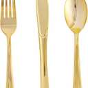 FOCUSLINE 75 Pack Gold Plastic Silverware Disposable Cutlery Set - 25 Forks Knives Spoons - Disposable Flatware Heavy Duty Plastic Utensils Set for Catering, Parties, Dinners, Weddings