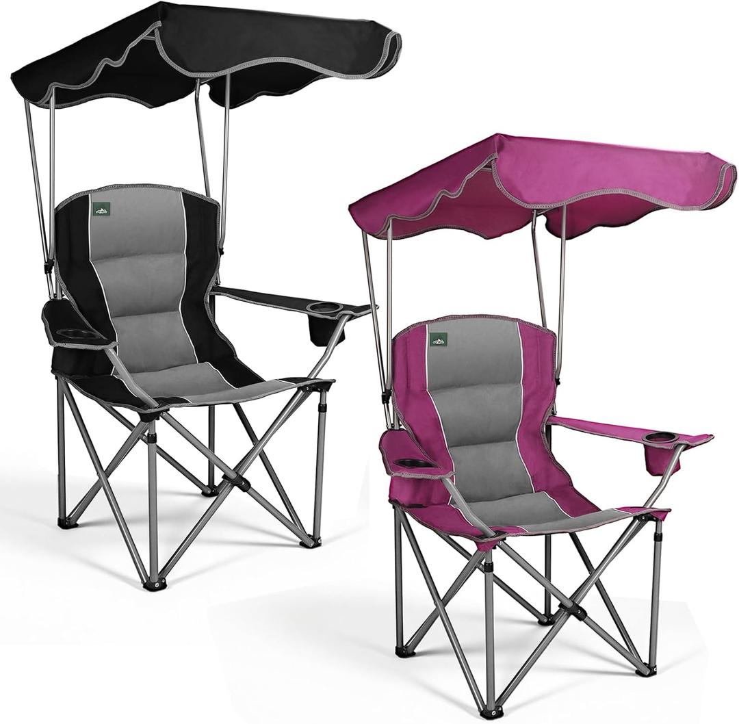Northroad 2 Pack Folding Camping Chairs with Canopy Shade, Beach Chair with Cup Holders, Phone Holder, Armrests & Carry Bag for Outdoors Travel Sports Fishing, Black & Purple