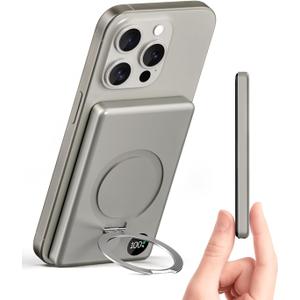 for MagSafe Battery Pack, 10000mAh Magnetic Power Bank PD 20W Portable Charger, LED Display & Foldable Stand, Ultra Slim Powerbank for iPhone 15/14/13/12 Series (Titanium)