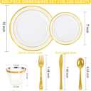 WELLIFE 600 PCS Gold & White Disposable Dinnerware Set for 100 Guests White Plastic Plates with Gold Rim, Dinner & Salad Plates, Cups, Forks, Knives & Spoons for Weddings & Elegant Events