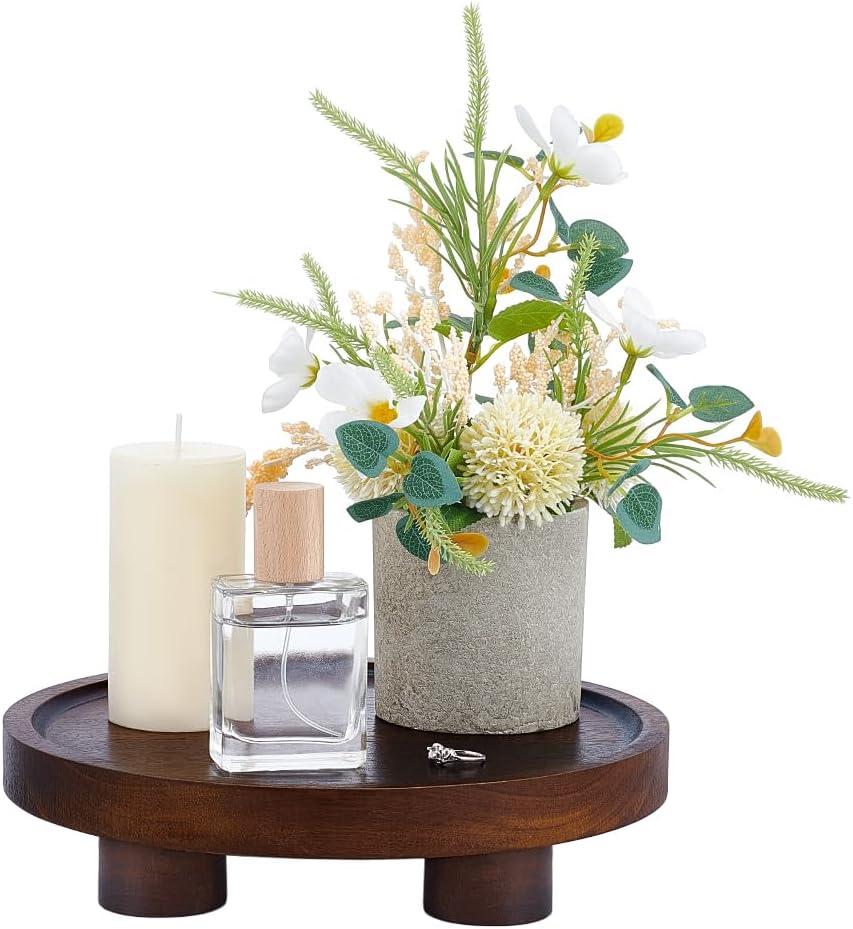Acacia Wood Riser for Display, 9.5" Decorative Round Tray Pedestal Stand, Farmhouse Countertop Organizer,Pedestal Tray Waterproof Riser Board for Soap, Plants, Perfume, Candles Bathroom, Kitchen