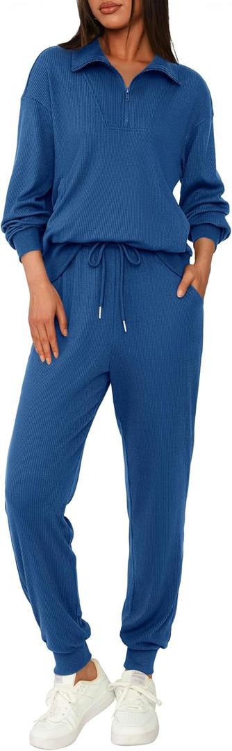 BTFBM Women's 2 Piece Tracksuit Spring Outfits 2026 Long Sleeve Half Zip Sweatshirt Sweatpants Lounge Set Sweatsuits (Solid Dark Blue)