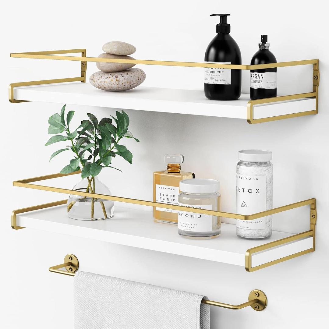 Forbena Floating Bathroom Shelves Wall Mounted, Aesthetic White and Gold Shelves for Bathroom Accessories, Modern Bathroom Organizer with Tower Bar for Wall Decor Storage Small Spaces, Set of 2, White/Gold