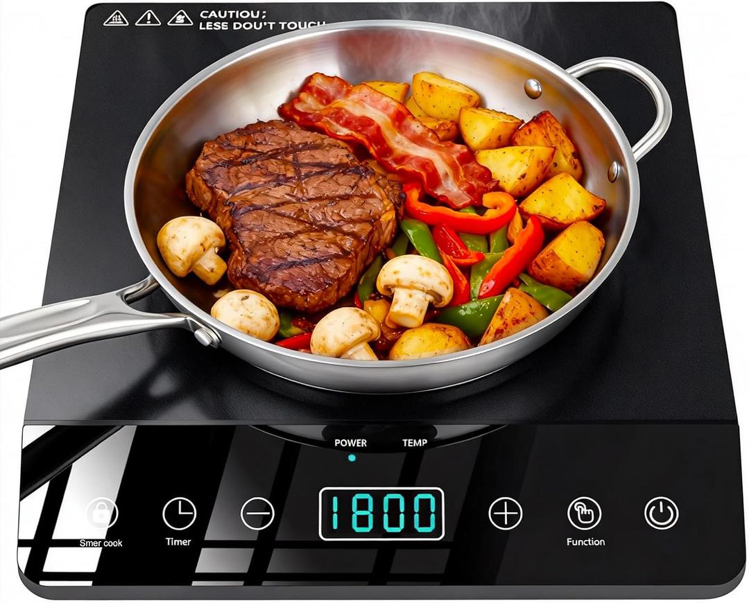 Single Burner Induction Cooktop, ETL-Certified 1800W Portable Induction Cooktop Large 8 inch Heating Coil, 12 Temp Settings up to 465 Electric Stove Hot Plate with 3 Hour Timer, Safety Lock