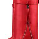 LISHAN Red Wedge Heel Long Boots for Women Knee High Fold over Shark Chunky Block Heel Slip on Pointed Toe Pull on Shoes Soft Pu Wide Calf Goth Boots Size 9.5 ( Red )