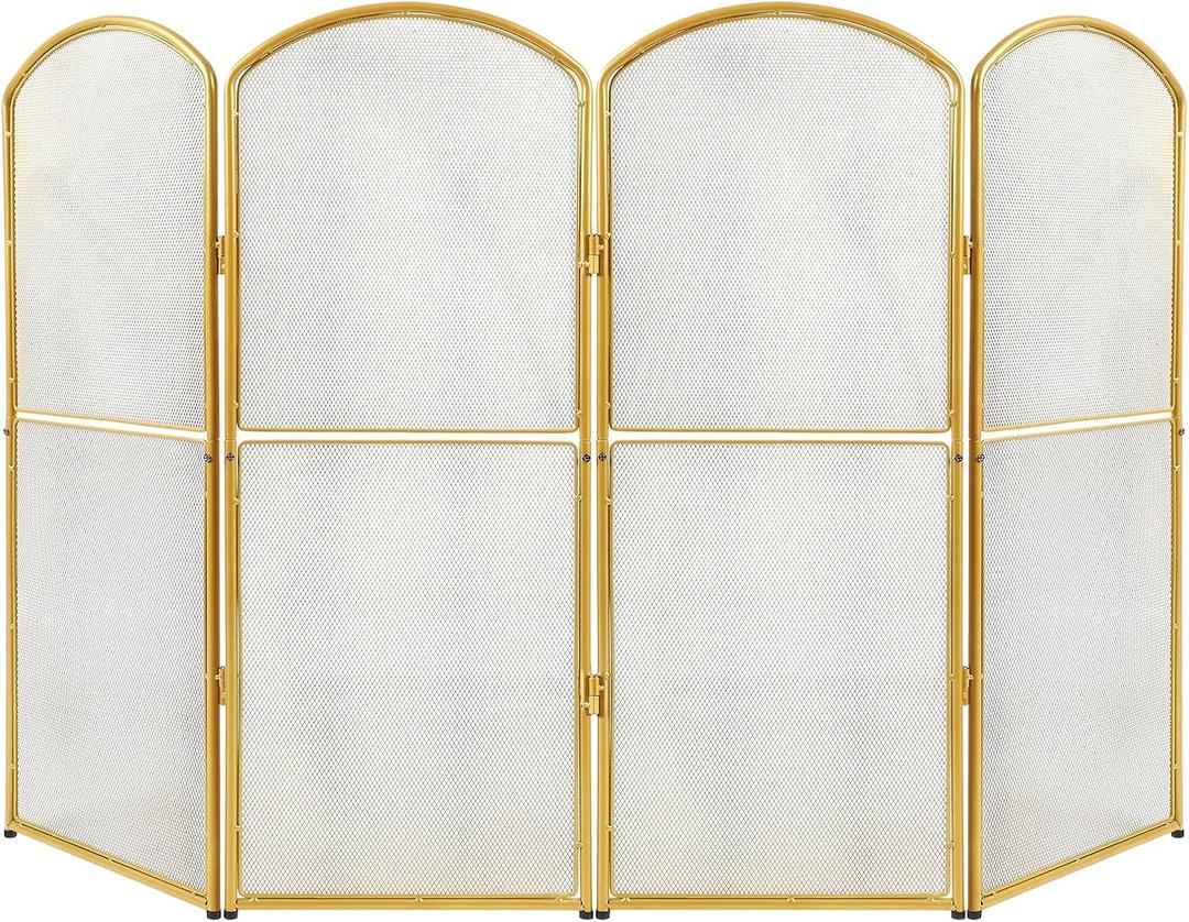 4-Panel Gold Fireplace Screen,47.8" W x 31" H,Foldable Fire Spark Guard with Wrought Metal Mesh,Modern Decorative Fire Place Gate for Living Room,Baby and Pet Proof,Home Decor,Easy Assembly