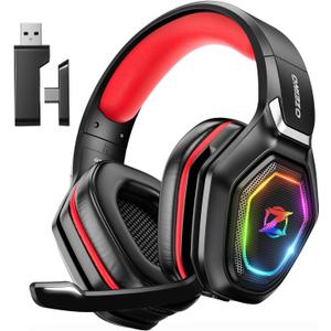Ozeino 2.4GHz Gaming Headset Wireless with Flip Mic for Ps5, Ps4, PC, Gaming Headphones with USB-A & USB-C Transmitter, 40Hr Battery Gamer Headset for Laptop, Mobile, Mac (Red)