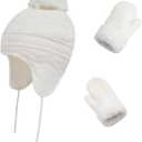 Toddler Winter Hat with Mittens Set - Baby Kids Warm Fleece Knit Beanie Hat & Thick Gloves Skiing Cap for Girls(White, L/4-7 Years)