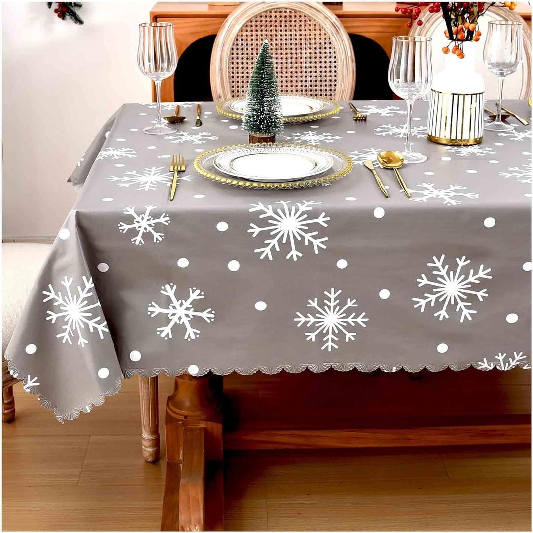 Gray Snowflake Vinyl Christmas Tablecloth  5472 Inch Rectangle Table Cover, Festive Winter Holiday PVC Table Cloth for Indoor & Outdoor Dining, Waterproof & Easy to Clean