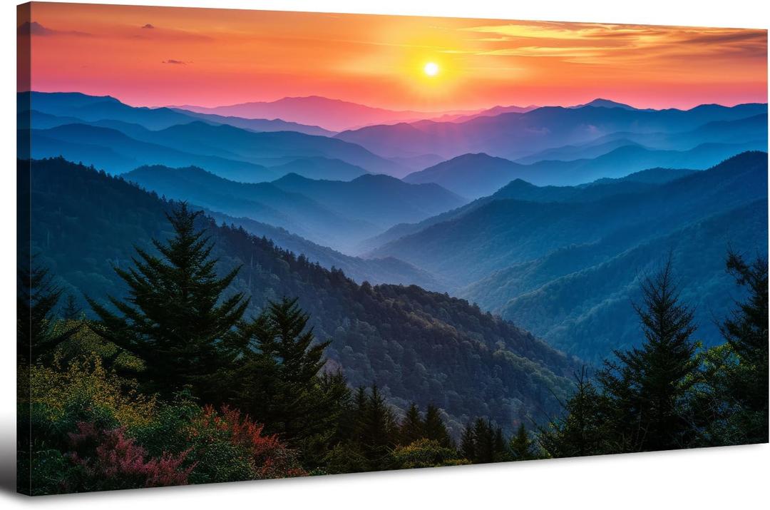 The Smoky Mountain Canvas Wall Art Nature Landscape Pictures for Living Room Blue Ridge Mountains Sunset Scenery Wall Decor Forest Scenic Prints Artwork Bedroom Bathroom Office Home Decorations 24x48"