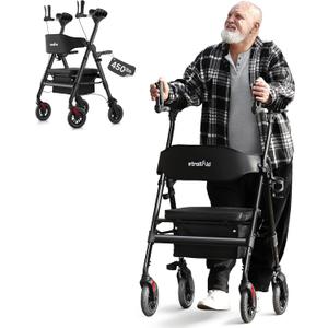 Upright Walkers for Seniors, 450 lb Heavy Duty Stand Up Rollator Walker with Adjustable Soft Sponge Armsupport & Seat, Tall Standing Folding Rolling Walker with 8'' Wheel, Black