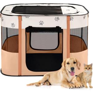 Avont Portable Dog Cat Playpen, Foldable Pop Up Pet Play Pen Travel Crate with Floor and Mesh Door Top for Indoor Outdoor Collapsible Tent Cage -M, Orange (Size M-32"24"22")