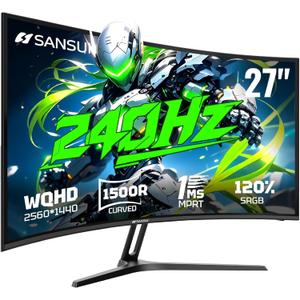 SANSUI 27 Inch Curved Gaming Monitor 240Hz, 2K WQHD 1500R Curved Computer Monitor, 120% sRGB, MPRT 1ms, Freesync, HDR, HDMI*2, DP1.4 * 2,VESA(100 * 100mm)