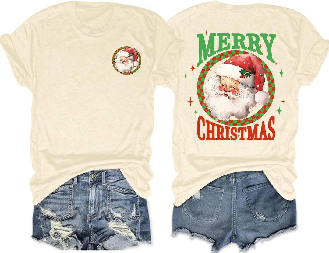 Christmas Shirts for Women Merry Christmas Vintage Santa Claus Graphic Tee Shirt Xmas Tree Holiday Tops (Yellow, XXL)
