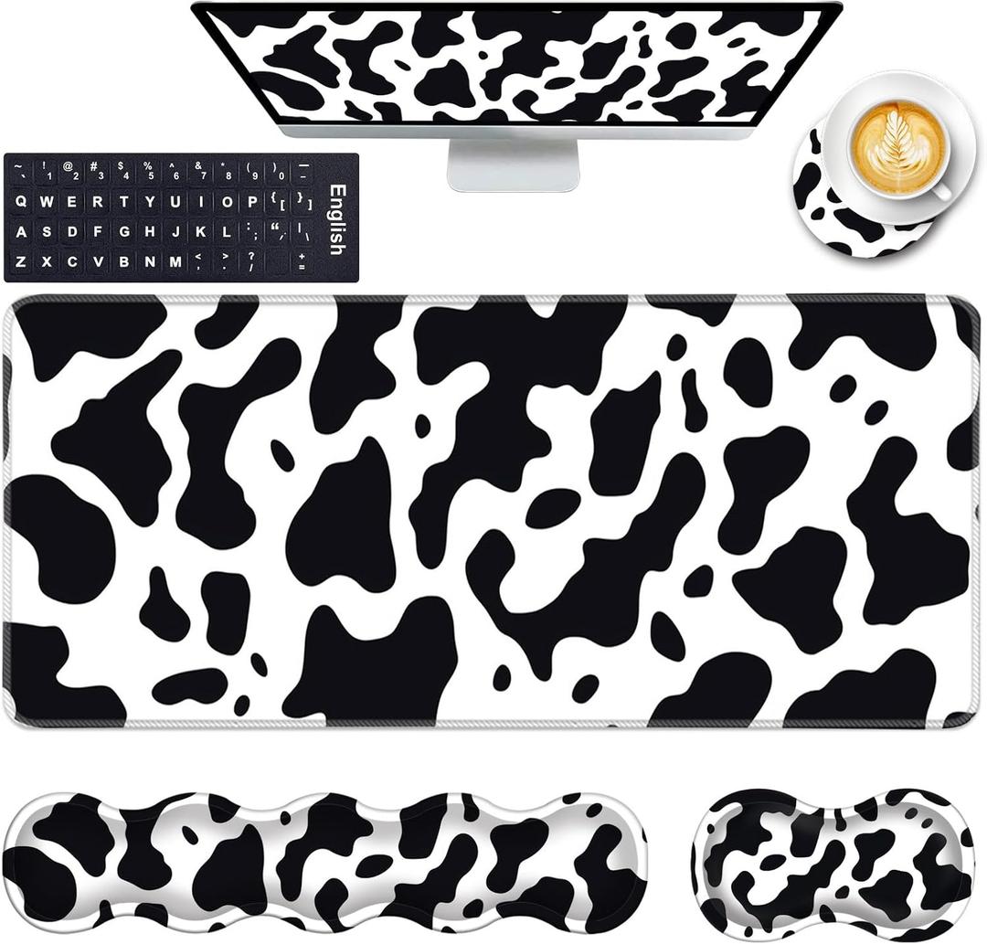 Keyboard Wrist Rest and Mouse Pad with Wrist Support Set Ergonomic Coaster, Memory Foam, Easy Typing Pain Relief, Large XL Desk Mat 31.5"x 11.8",Cute Cow Print