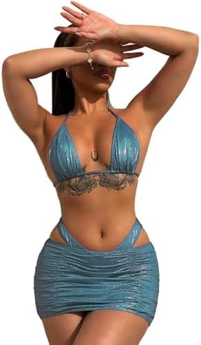 YAUASOPA Rave Outfits for Women 3 Piece Triangle Shiny Swimsuits Metallic Bikini Sets Thong Bathing Suit Beach Skirt Set Size L Blue