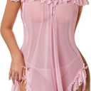 Avidlove Women's 2 Piece Mesh Sheer Floral Lace Babydoll Slip Dress Nightgowns and Thong Lingerie Set (Medium, Pink)