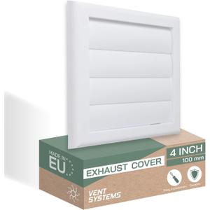 Vent Systems 4" Inch (7.5" x 7.5") Exhaust Vent Cover - White - Dryer Vent Hood - Louvered Dryer Duct Vent Cover - Vent Hood Cap - One-Directional Plastic Air Exhaust Grille