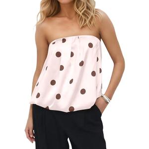 Ythomm Polka Dot Tube Tops Women Sleeveless Strapless Bubble Hem Bandeau Tops Elegant Dotted Backless Y2k Going Out Tops Pink (Pink, L)