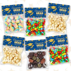 100 Sets Graduation Candy Bags with Congrats Grad Tags and Stapler Graduation Cellophane Cookie Treat Bags for Class of 2026 Grad End of Year School Classroom Party Supplies(Blue)