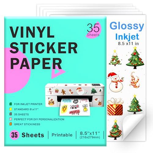 Printable Vinyl Sticker Paper for Inkjet Printer-35 Sheets Glossy White 8.5" x 11" Waterproof Labels Paper, Dries Quickly, Vivid Colors, Tear Resistant, DIY Christmas Stickers