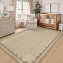GarveeHome Washable Rugs 5x7 Rug for Living Room, Scalloped 5 x 7 Rug Solid Tan Jute Digital Printing Modern Low-Pile Carpet for Bedroom Dining Nursery Non Slip Mat with Rubber Back