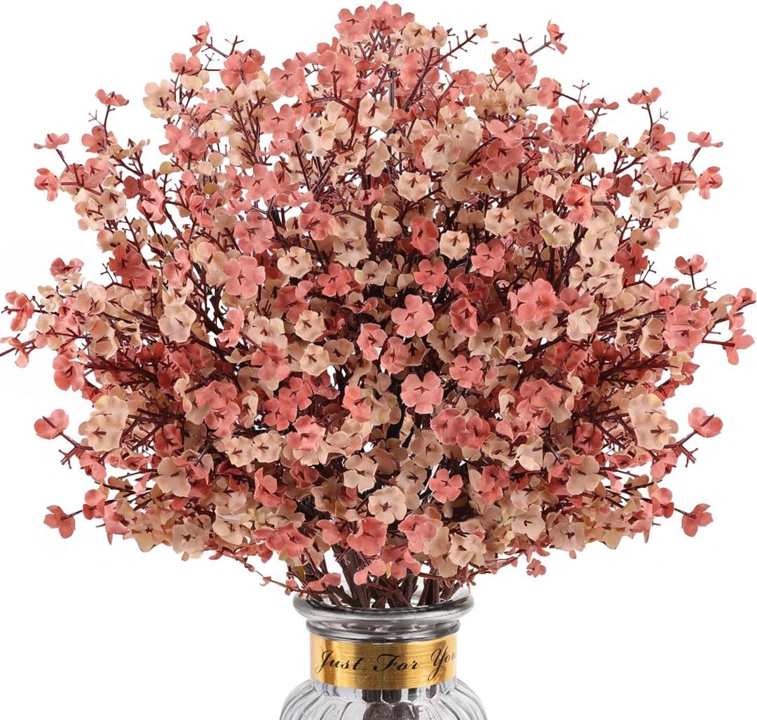 8Pcs Babys Breath Fake Artificial Flowers, Real Touch Light Coffee Color Plants Silk Flowers for Vase Home Office Wedding Spring Winter Indoor Outdoor Centerpiece Table Party Decorations (Beige Brown)