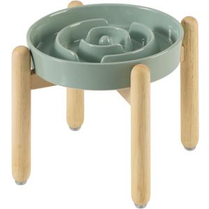 8.2inch Ceramic Raised Slow Feeder Dog Bowl Set, Elevated Wooden Stand for Large and Medium Dog, Puzzle Slow Dish, Anti-Gulping(Light Green, Single Bowl+ Stand)