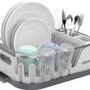 MR.SIGA Dish Drying Rack for Kitchen Counter, Compact Dish Drainer with Drainboard, Utensil Holder and Cup Rack, Plastic Kitchen Drying Rack for Dishes, Cups, Knives, Spoons and Forks, White (15 x 11.8 x 5.3 Inch)