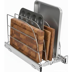 HOLDN STORAGE Pull Out Organizer for Bakeware, Cutting Board and Trays, Adjustable Dividers - Heavy Duty - For Narrow Cabinet Spaces, 8.5W x 21D x 11H, Chrome