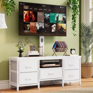 White TV Stand with Mount for 45, 55, 65, 75 Inch TV, Entertainment Center with 5 Fabric Drawers, Open Shelves, TV Media Console for Living Room